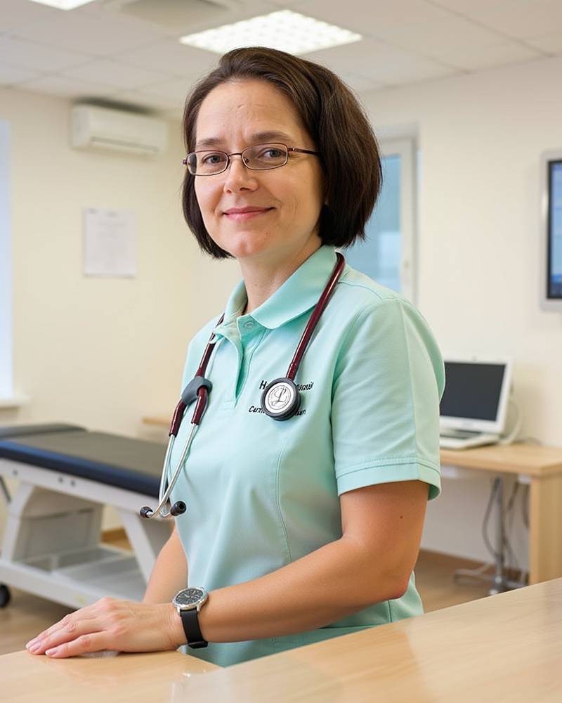 Dr. Camelia Soimosan steht an einer Theke in der Hausarztpraxis. Im Hintergrund sieht man unscharf einen Behandlungsraum.